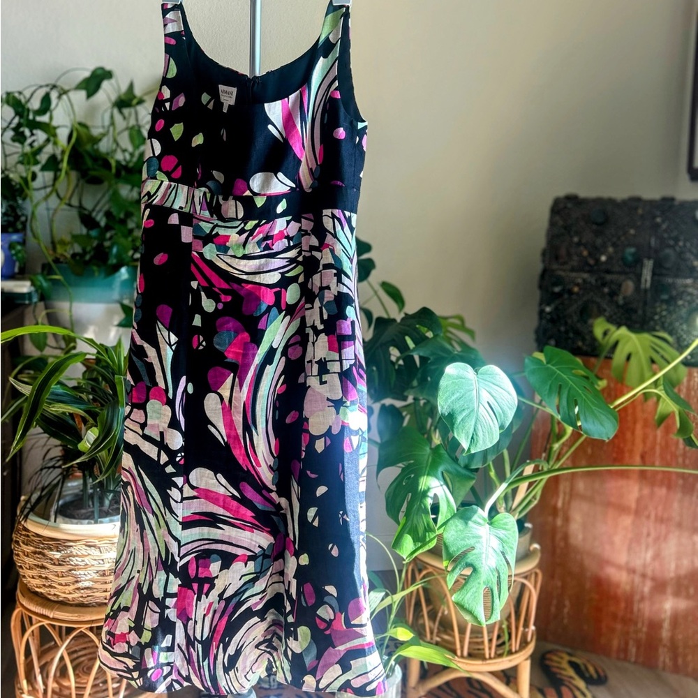Armani Collezioni Black Dress with Pink and Green Accents